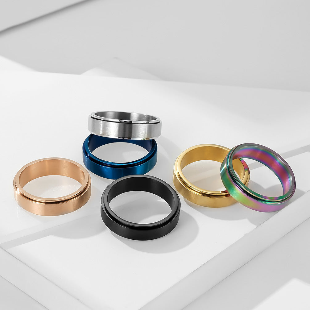 Planderful Rainbow Titanium Steel Ring For Couples Rotating Matte Sand Surface Stainless Steel Band Unisex