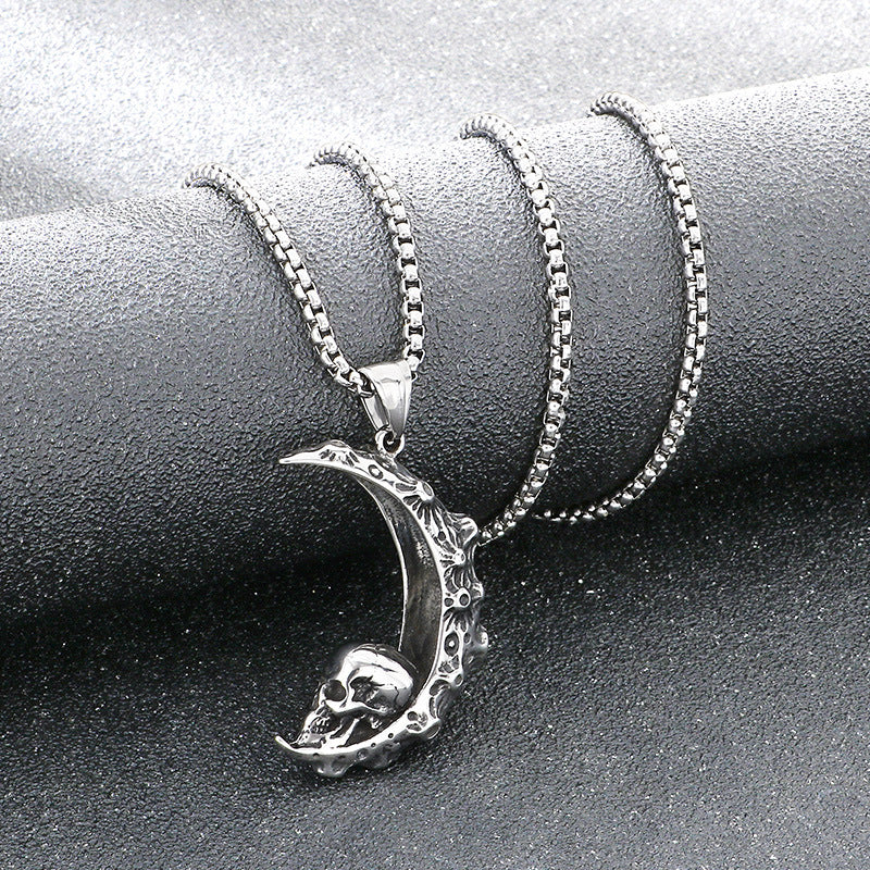 Gothic Style Dark Crescent Rose Pendant, Punk Vintage Skull Moon Titanium Steel Men's Necklace