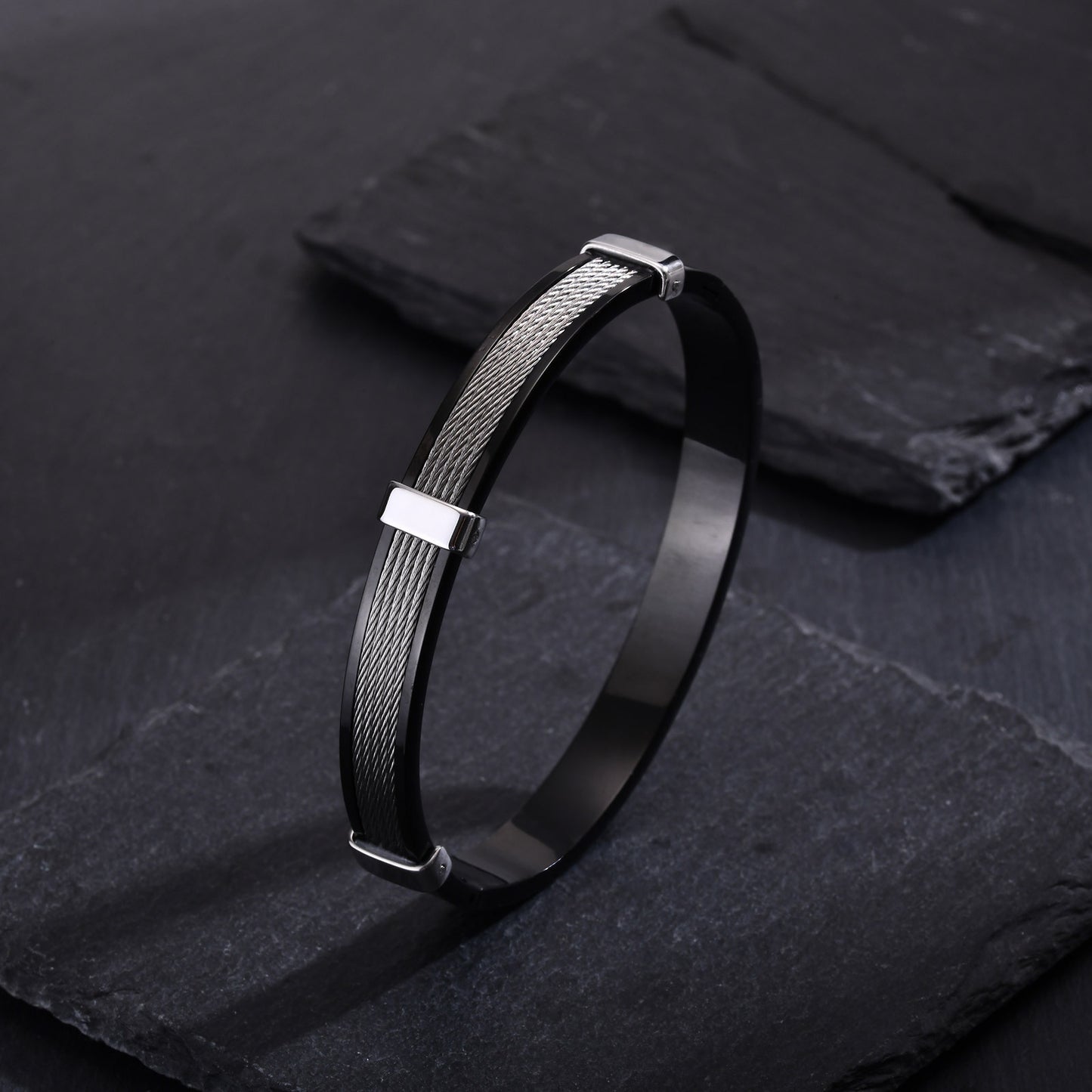 Men's Stainless Steel Black Wire Rope Openable Bracelet Jewelry