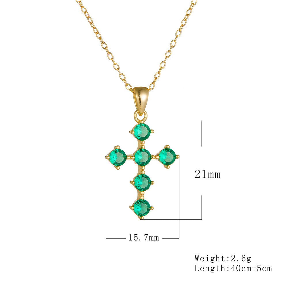 Style Retro Emerald Zircon Cross Pendant Necklace 925 Sterling Silver