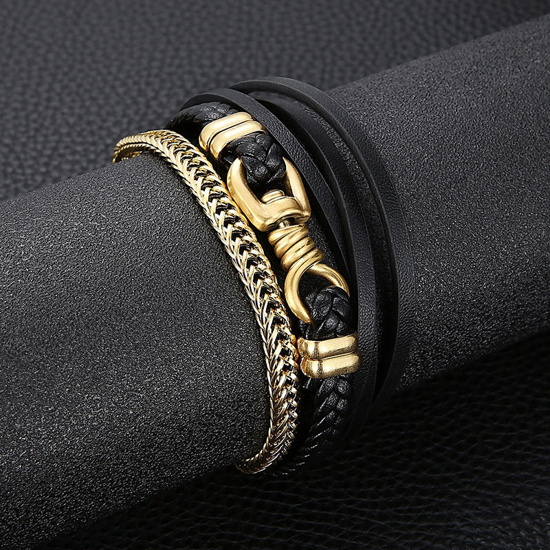 Planderful Men Leather Chain Bracelet Multi Layer Punk