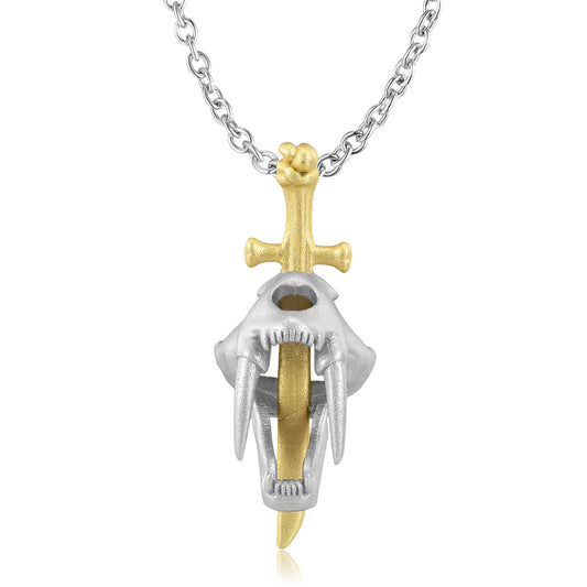 Saber-toothed Tiger Golden Cross Frosted Silver Necklace
