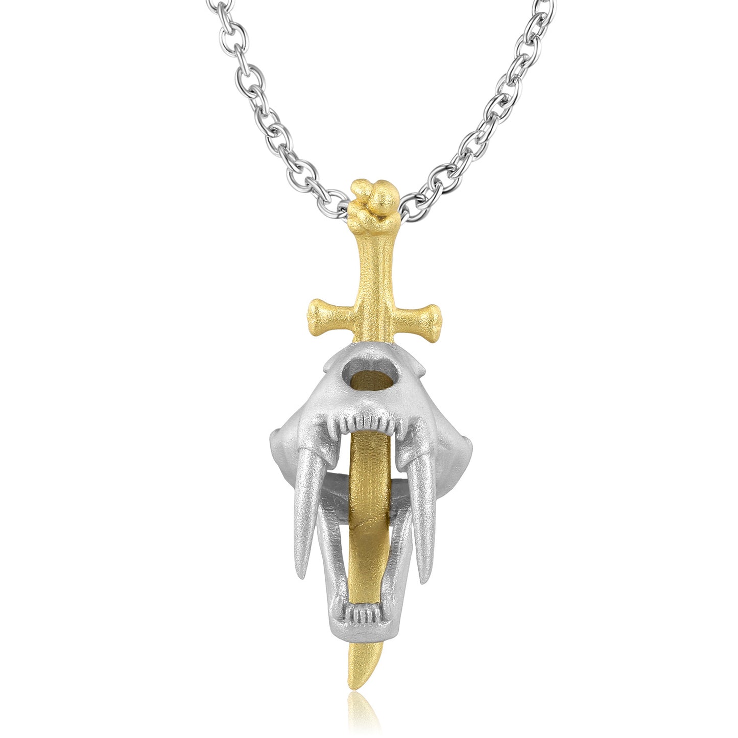 Saber-toothed Tiger Golden Cross Frosted Silver Necklace