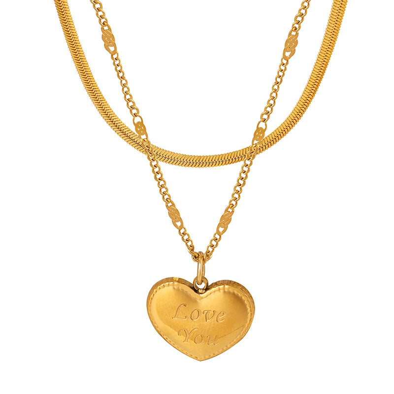 Korean Style Clavicle Chain Necklace with Love Pendant - Titanium Steel Gold-Plated Jewelry