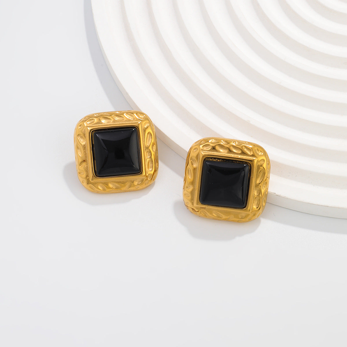 Planderful Vienna Verve Vintage Square Gemstone Earrings Stainless Steel Hammer Pattern Statement For Her