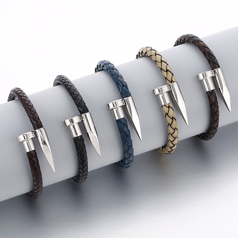 Cowhide Woven Stainless Steel Nail Bracelet – Men's Magnetic Buckle Leather Bracelet