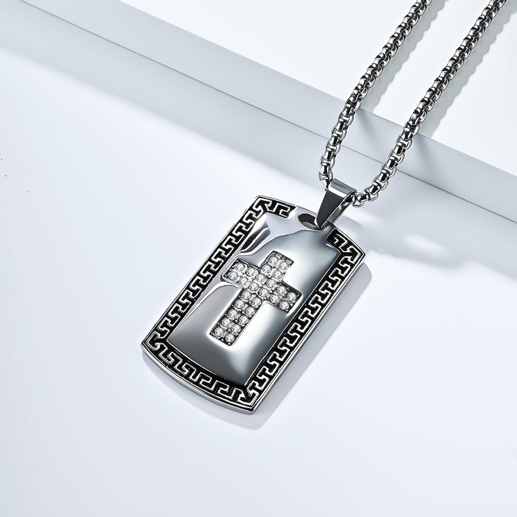 Planderful Cross Pendant Necklace For Men Retro European American Zircon Stainless Steel High Quality Everyday Wear