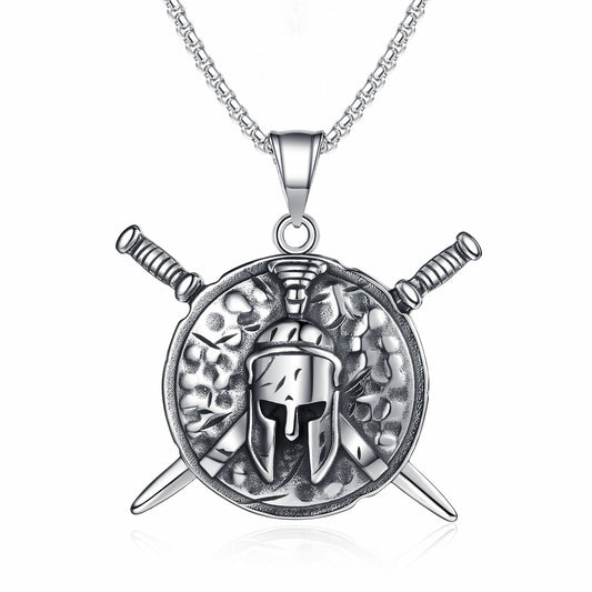 European and American punk retro viking spartan warrior helmet sword shield pendant titanium steel sweater chain men's necklace