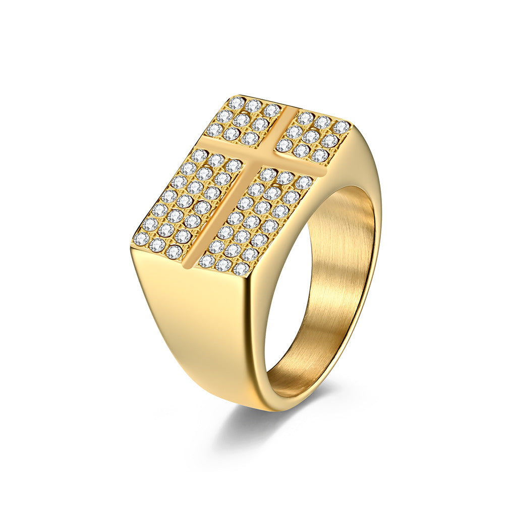 Stainless Steel Gold-Plated Zircon Cross Ring Men's