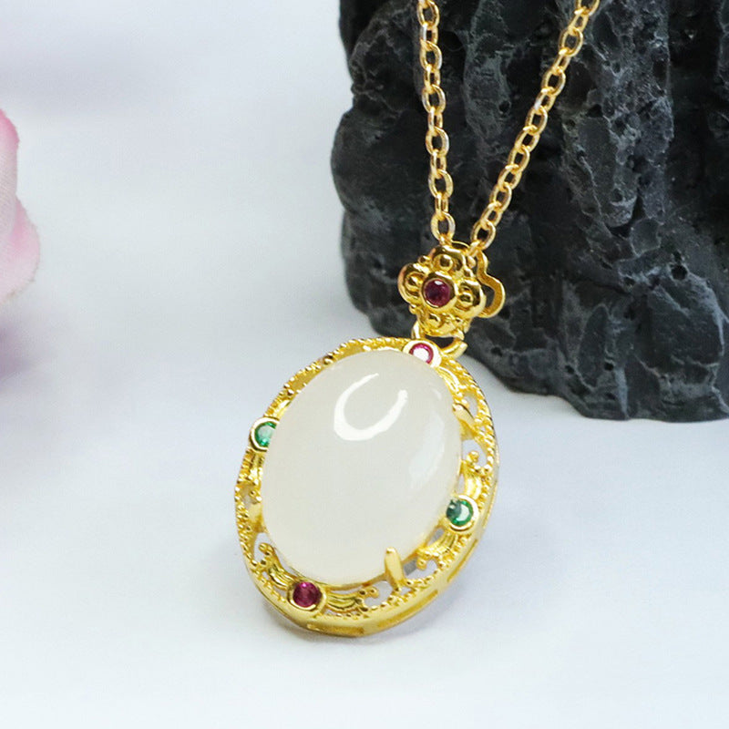 Elegant Natural Hetian Jade and Zircon Clover Necklace with Oval Pendant