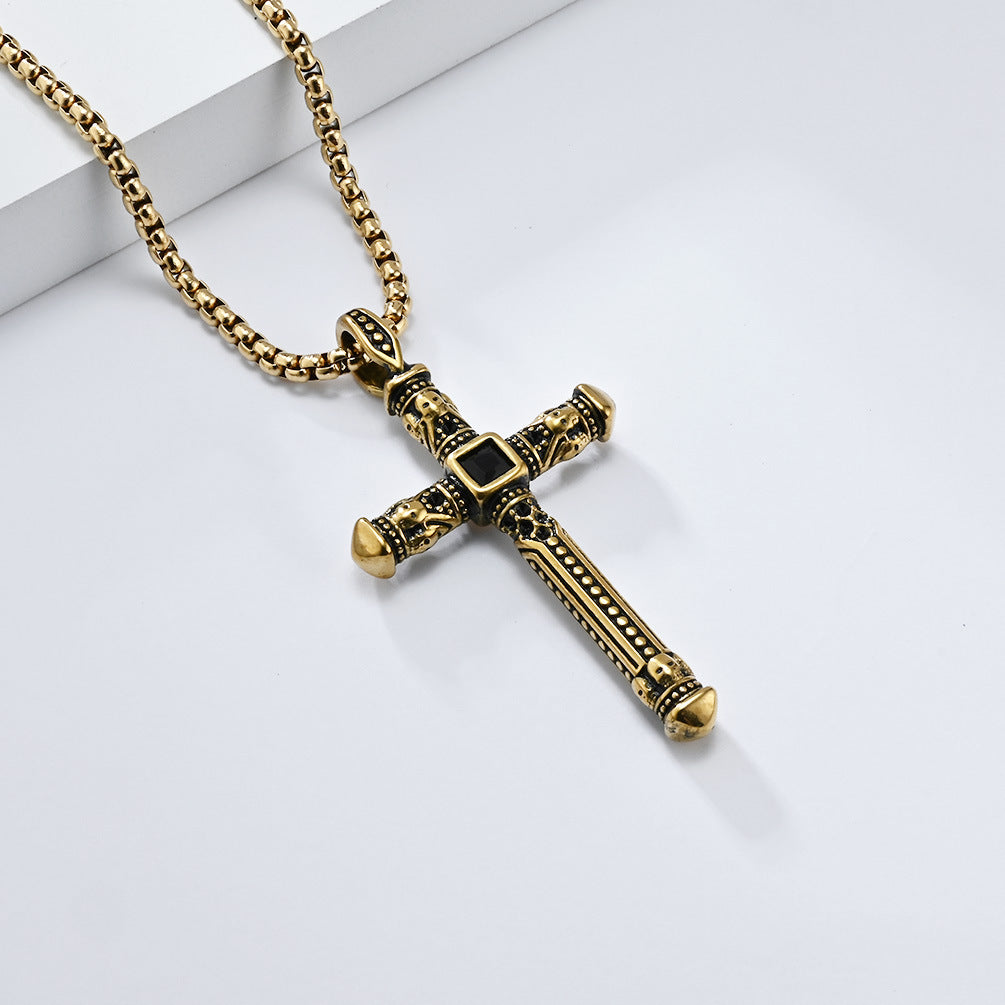 Cross-Border Retro European American Stainless Steel Cross Necklace for Men
