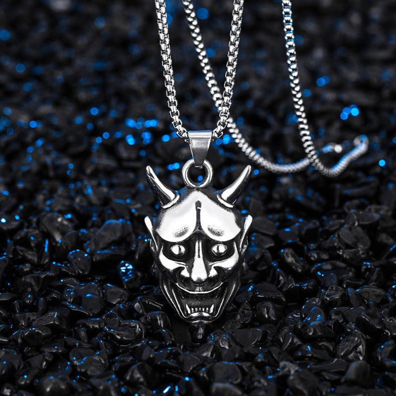 Steel Necklace - Vintage Ghost Samurai Mask Pendant For Men By Planderful Jewelry