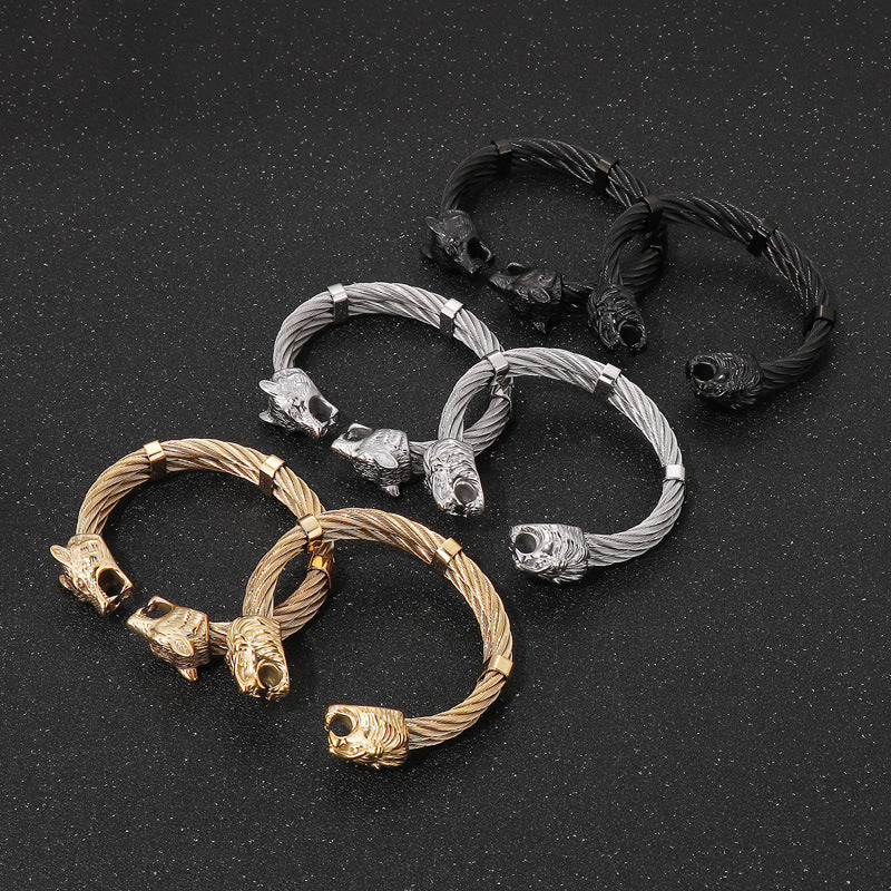 Punk Style Braided Wire – Lion Head Wolf Head Titanium Steel Men's Bracelet