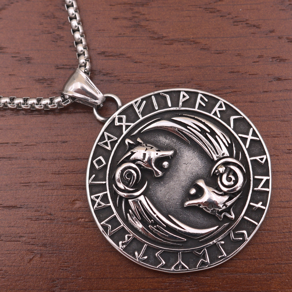 Viking Wolf Titanium Steel Necklace with Runa Rune Pendant - Men's Norse Legacy Jewelry