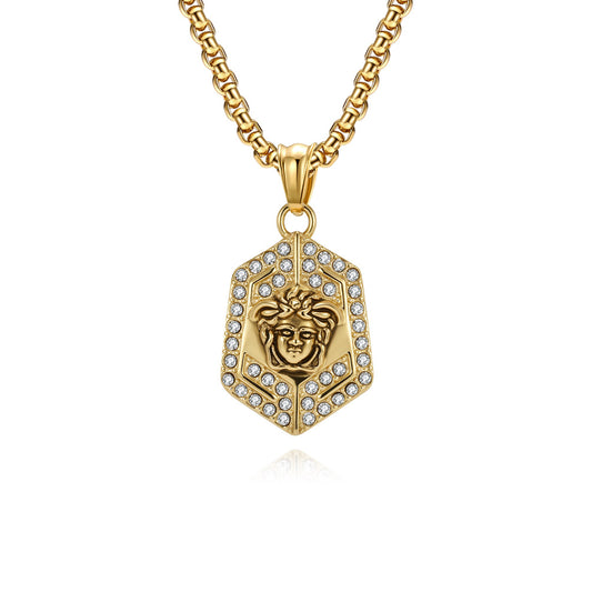 Planderful Medusa Pendant Necklace For Men Titanium Steel With Full Zircon Geometric Light Luxury