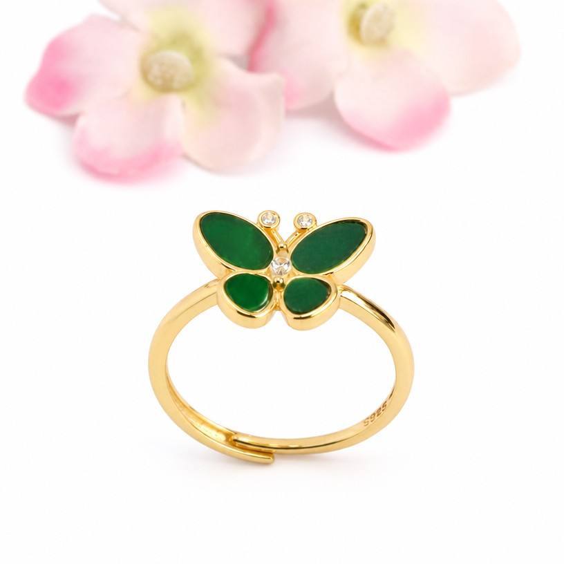 Green Jadeite Butterfly 925 Silver Ring