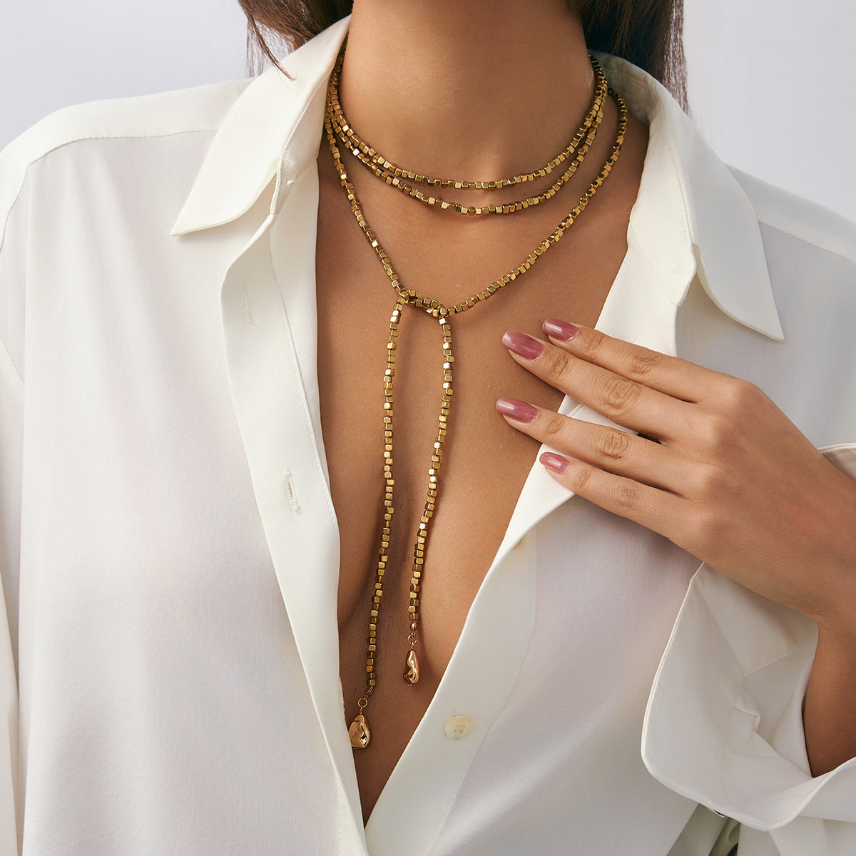 Irregular Beaded Wound Neck Chain Imitation Pearl Sequ Pendant Fringed Necklace