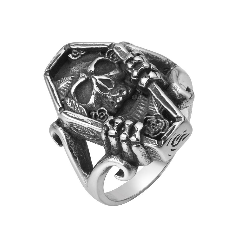 Planderful Everyday Genie Titanium Steel Ring For Men And Unisex Retro Skull Coffin Design Protection Statement