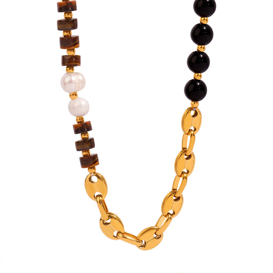 Luxury Tiger's Eye and Black Agate Handmade Necklace with Freshwater Pearls