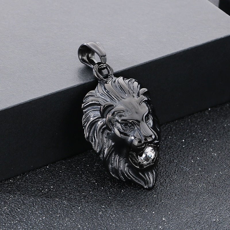 Planderful Lion Head Zircon Pendant Steel Mens Necklace