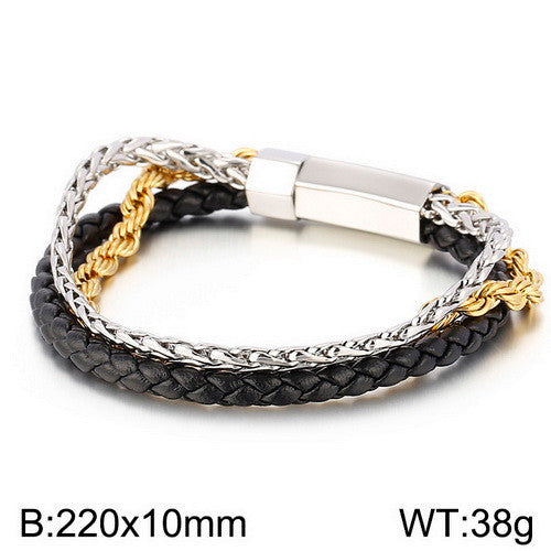 Planderful Mens Leather 3 Layer Stainless Steel Bracelet