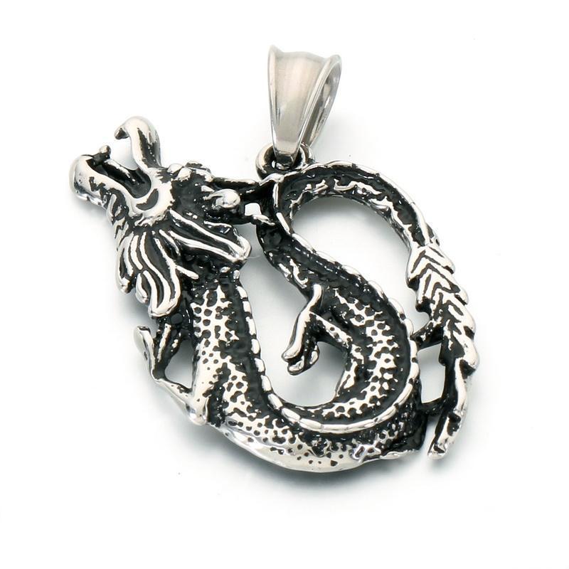 Chinese Style Retro Zodiac Dragon Necklace Stainless Steel Double Dragon Play Bead Pendant