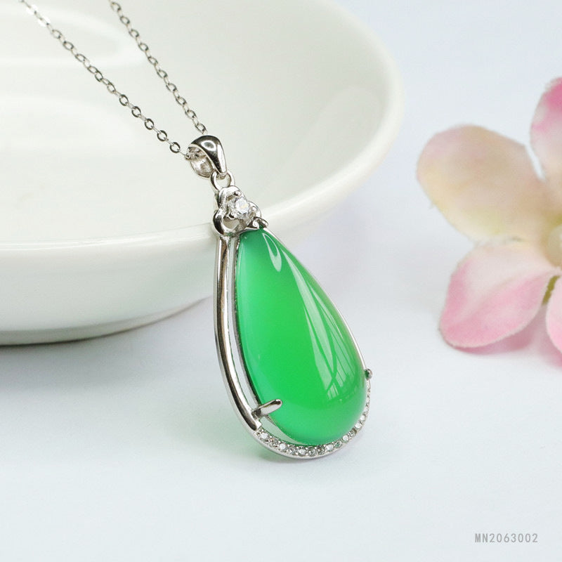Green Chalcedony Teardrop Silver Pendant — No Chain