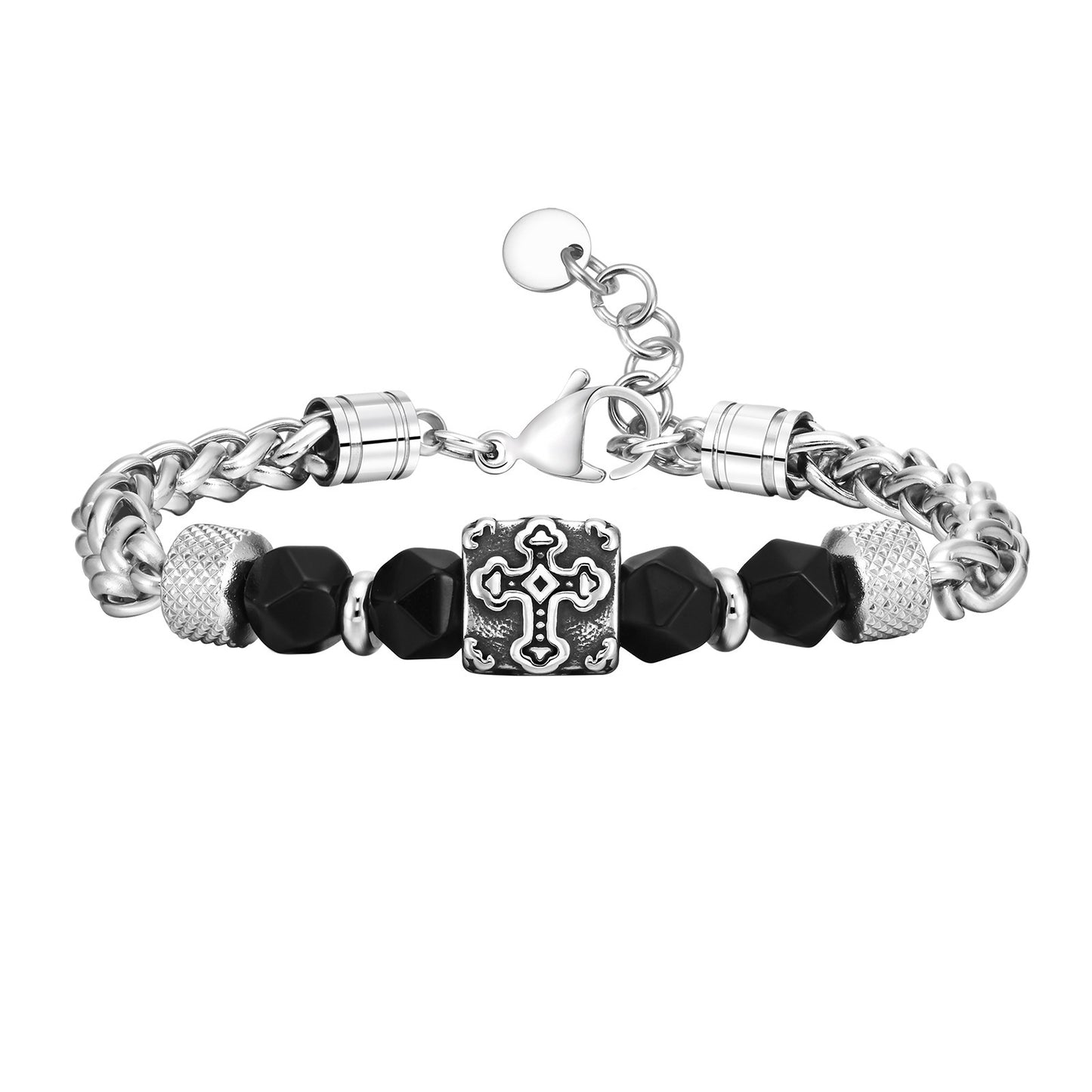 Hip Hop Stainless Steel Handmade Chain Black Bead Cross Bracelet for Men