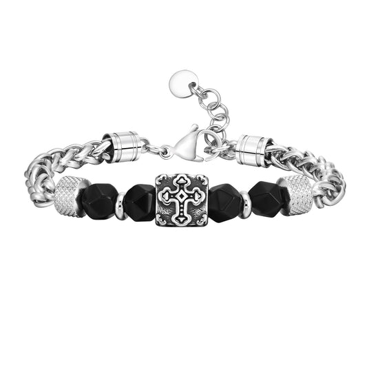 Hip Hop Stainless Steel Handmade Chain Black Bead Cross Bracelet for Men