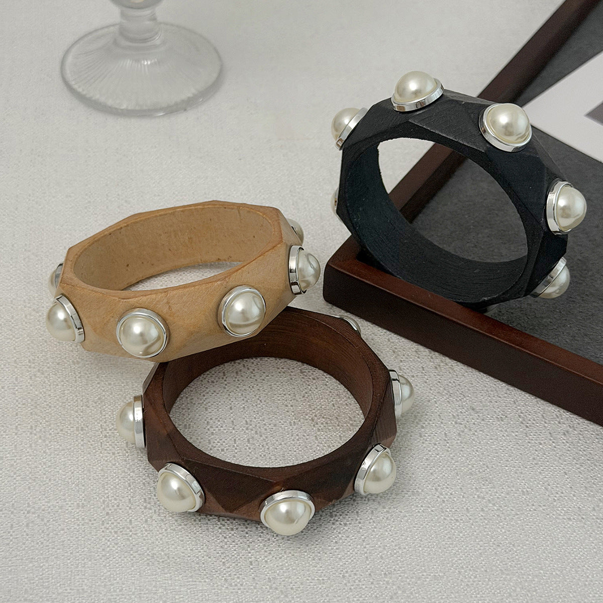 Planderful Vienna Verve Handcrafted Wooden Bracelet With Imitation Pearl Inlay Statement For Women