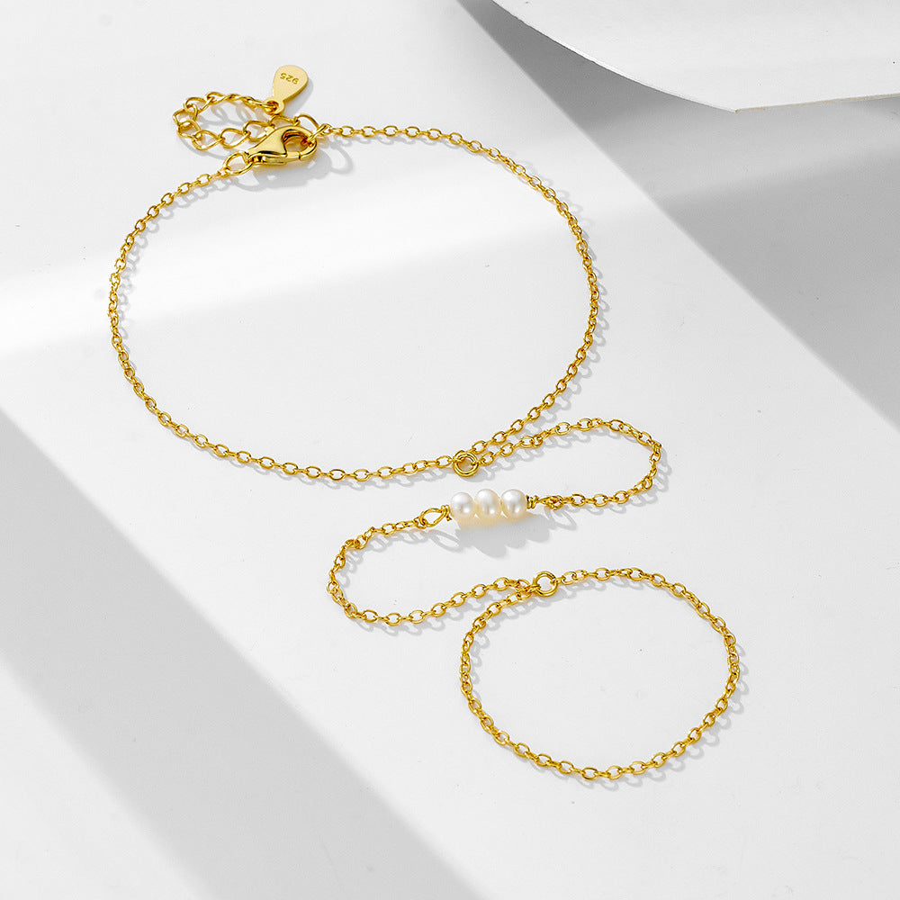 S925 Sterling Silver Natural Pearl Finger Chain Elegant Bracelet