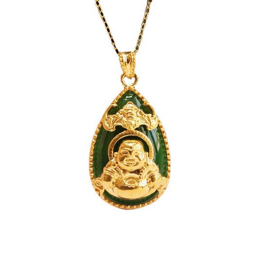 Golden Buddha Necklace with Hetian Jade Water Drop Jasper