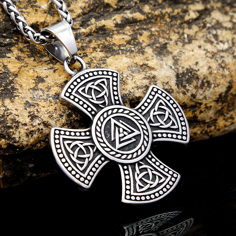European And American New Titanium Steel Celtic Viking Rune Logo Cross Pendant Men's Hip-Hop Necklace Jewelry Wholesale