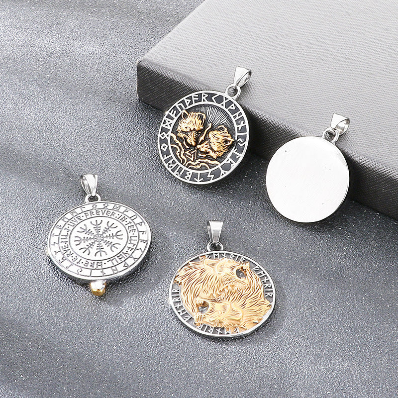 Nordic Viking Mythology Tomahawk Raven Totem, Retro Double Wolf And Crow Titanium Necklace