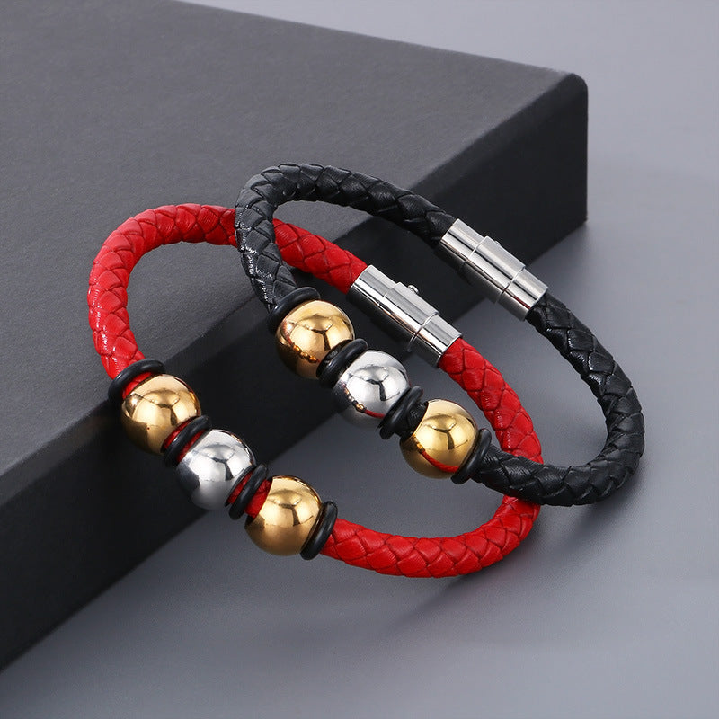 Planderful Mens Stainless Steel Leather Bracelet Hip Hop