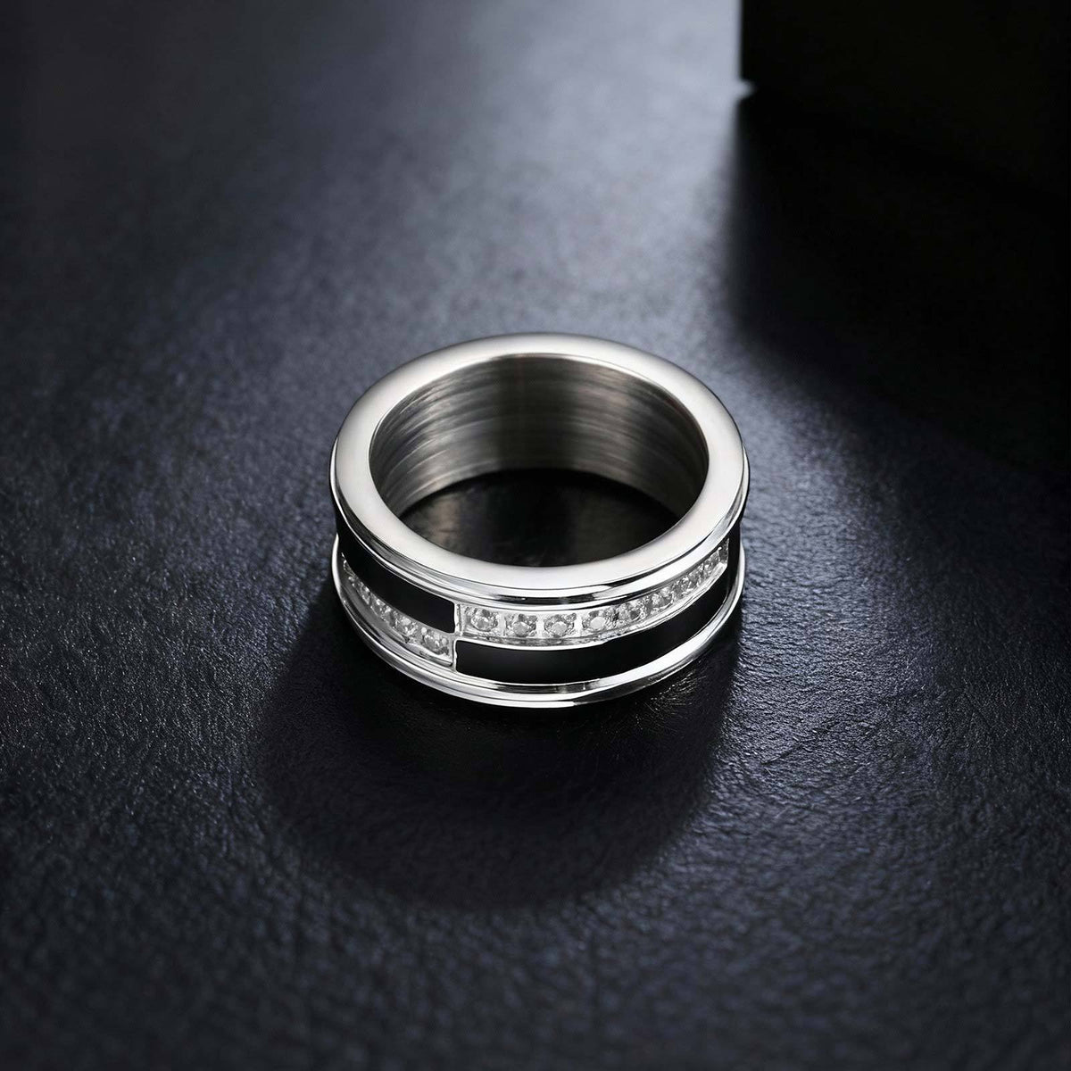 Stainless Steel Men's Cold Wind Single Ring Men's Black & White Zircon