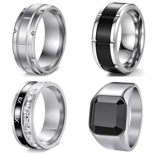Planderful Everyday Genie Stainless Steel Gear Pattern Ring Versatile For Men And Unisex Zircon Inlaid Black Stone