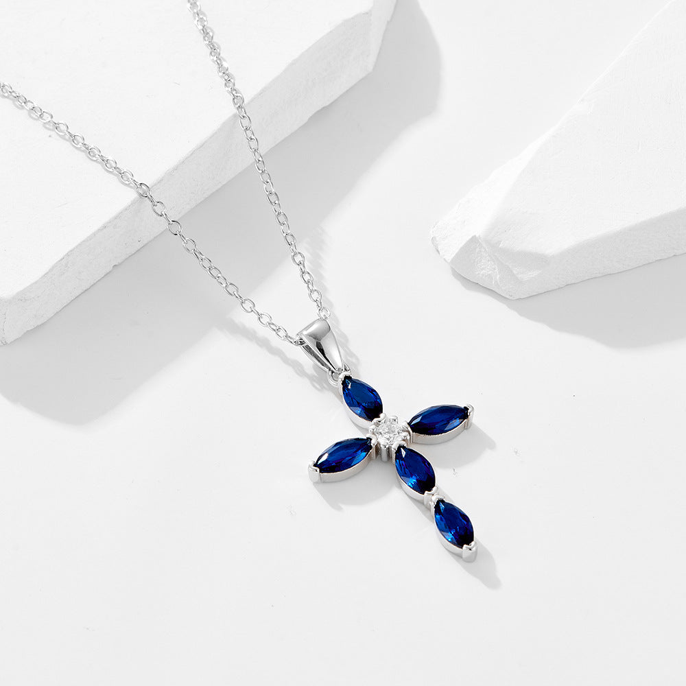 Elegance And Luxurious Full Zircon Cross Sterling Silver Necklace, Blue Pendant