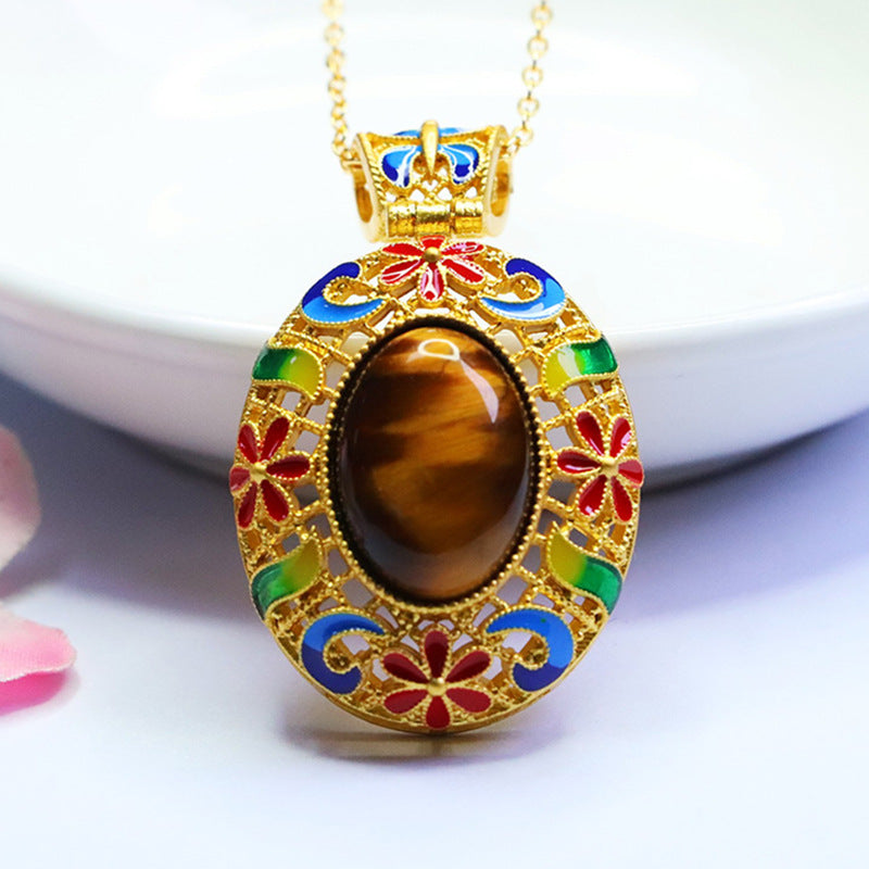Yellow Tiger Eye Enamel Petal Pendant — No Chain