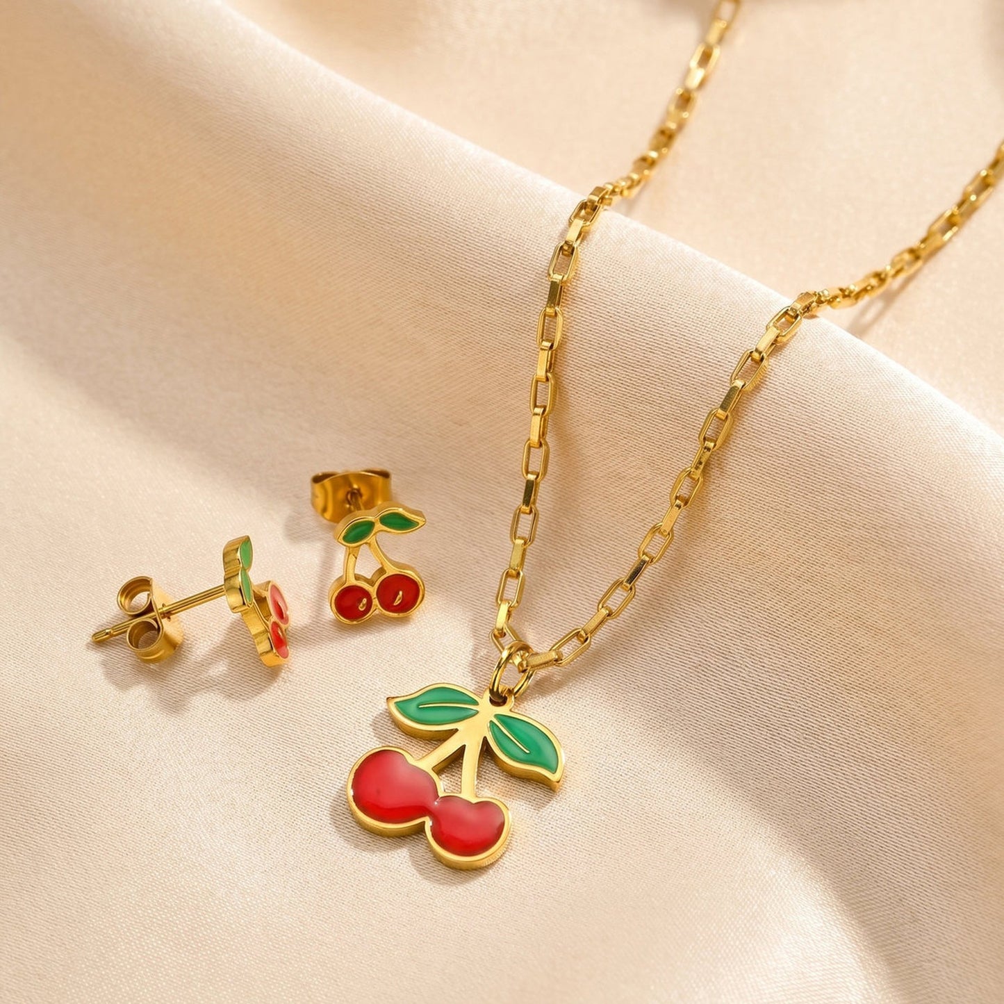 Cute Dopamine Stainless Steel Cherry Stud Earrings Necklace Set Sweet Daily Gift