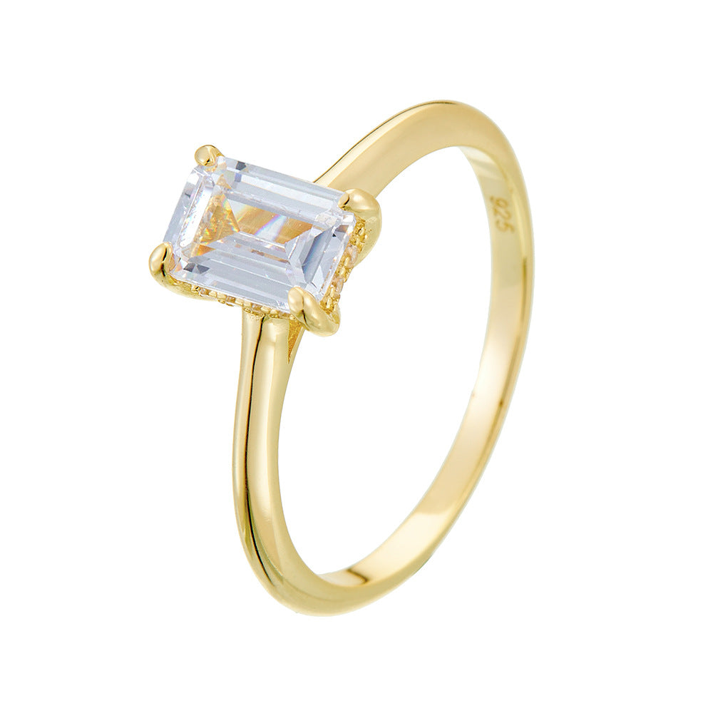 S925 Sterling Silver Geometric Rectangular Zircon Ring In Europe And America For Wedding