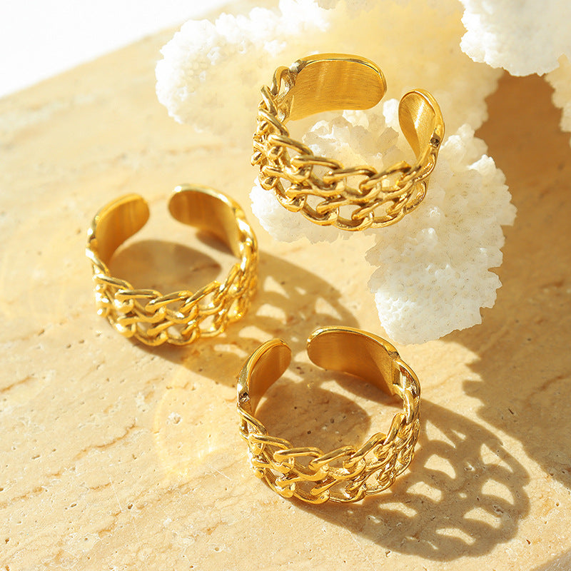Adjustable Titanium Steel Double-Layer Chain Ring with 18k Gold Plating