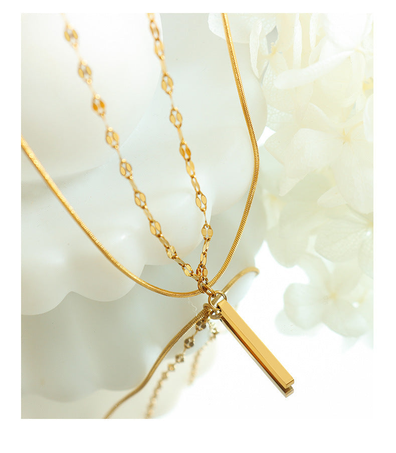 Luxurious Layered Rectangular Pendant Necklace Set with Titanium Steel Chain - Elegant Women's Jewelry