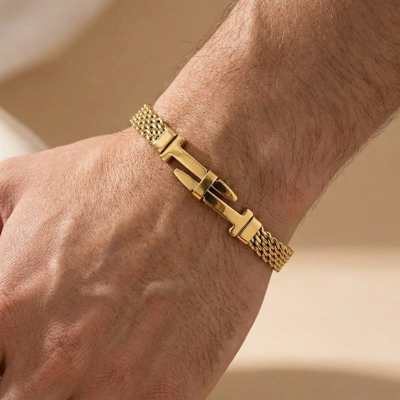 Style Buckle With Extension Chain Bracelet – Cross Curved Bar Mesh Chain Stainless Steel