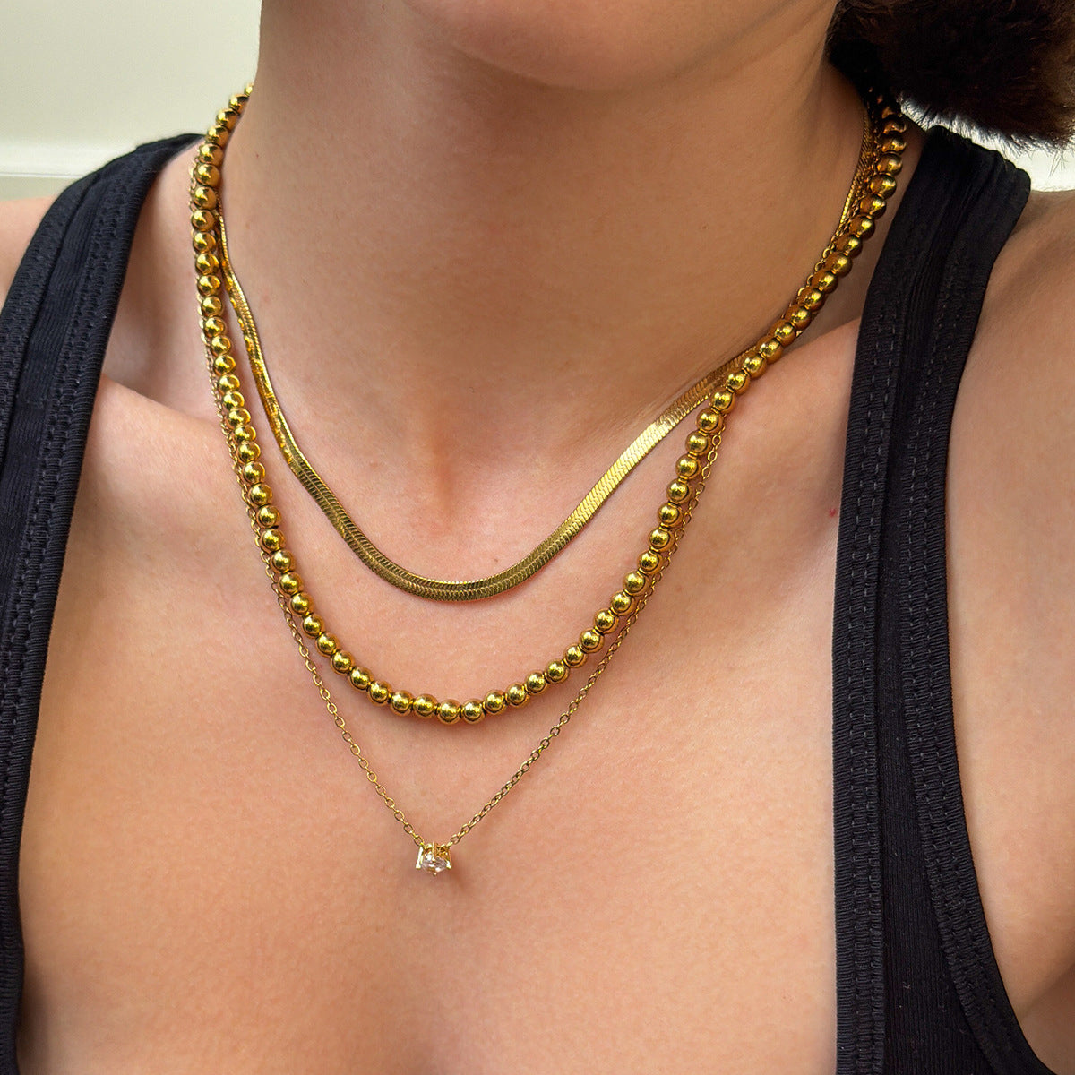 Wind Stainless Steel Snake Bone Chain Round Bead Necklace Micro-Inlaid Zircon Collarbone