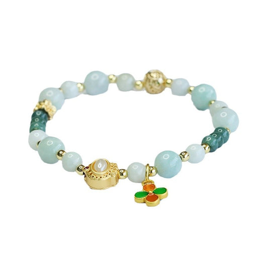Blue Water Jadeite Four-Leaf Clover & Abacus Bead Bracelet