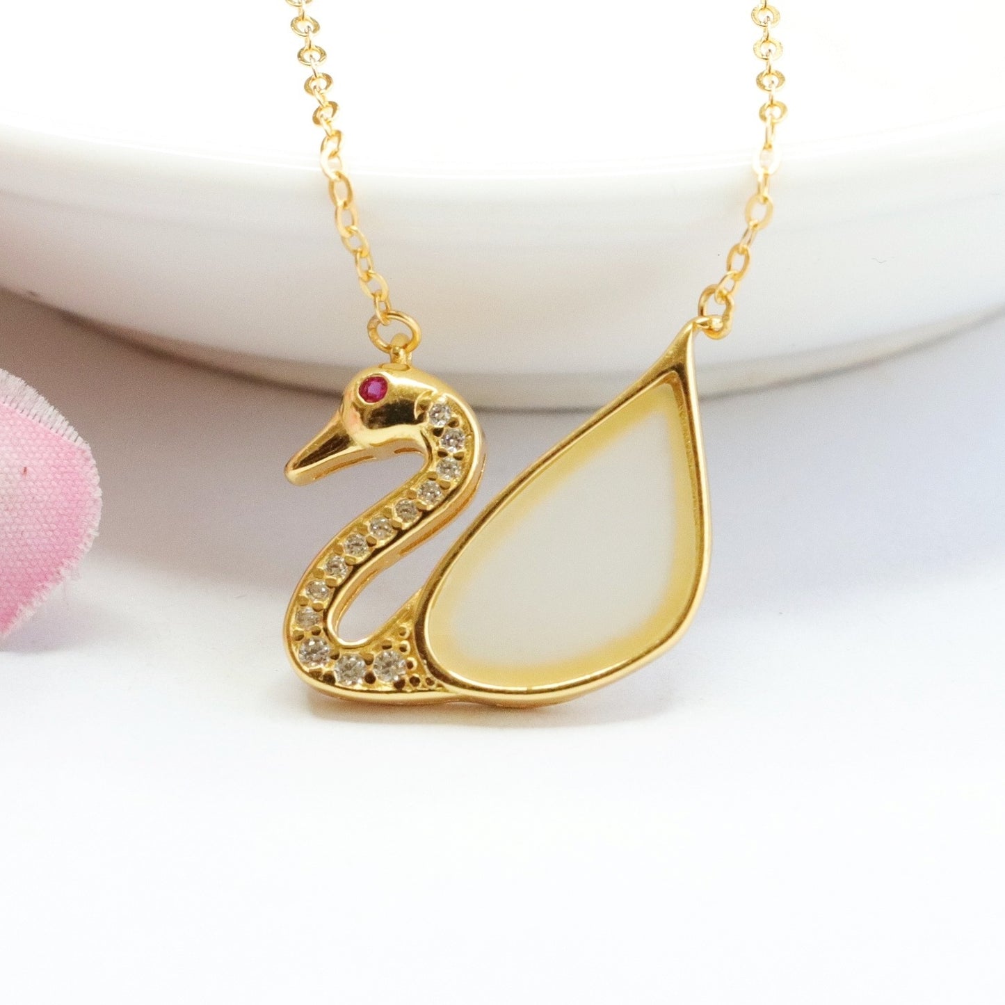 White Jade Swan Sterling Silver Necklace with Hotan Jade Accents