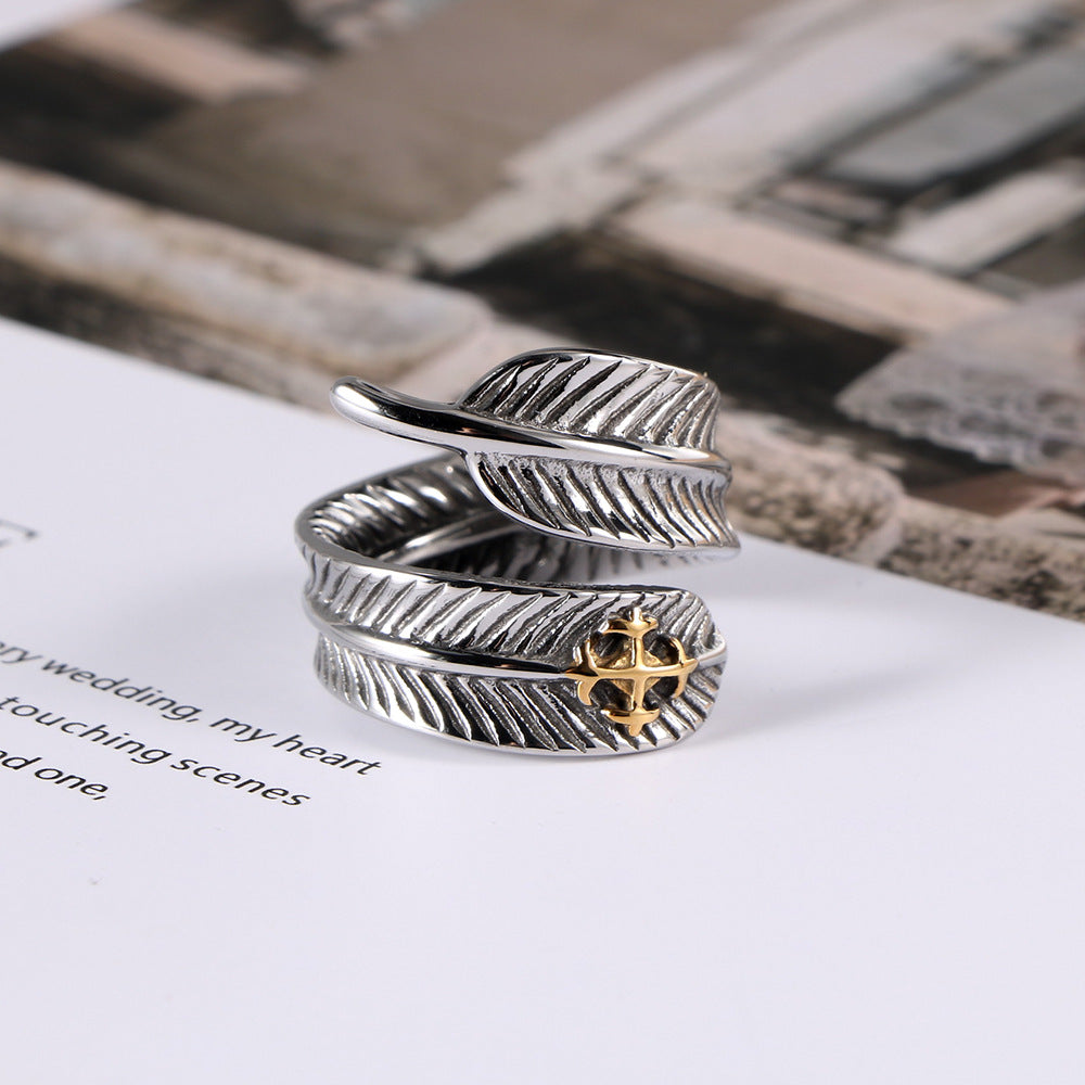 Vintage Titanium Steel Rings For Men Feather Electroplating