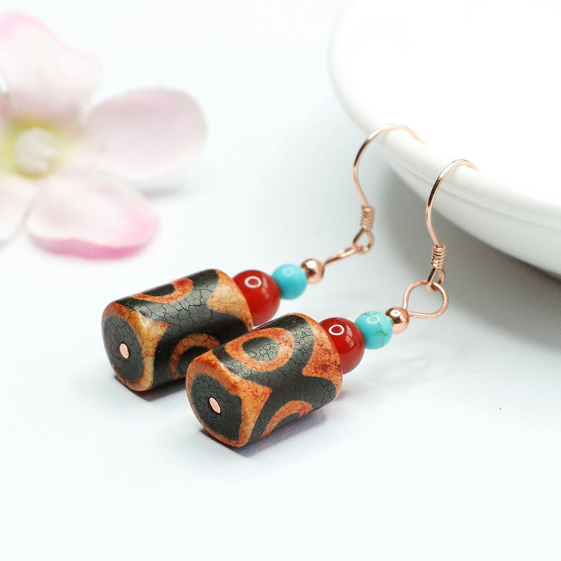 Three-Eye Dzi Agate 925 Silver Hook Earrings