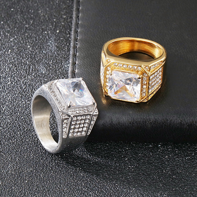 Planderful Luxury Zircon Ring for Men Gold Plated Titanium
